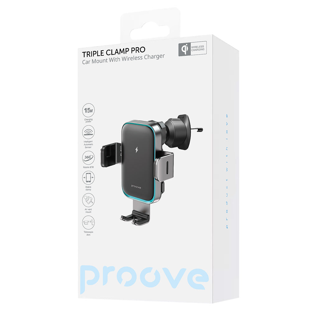 Auto nabíjačka Wireless Proove Triple Clamp Pro, 15W, 1.67A, Sivá WHTP15010004