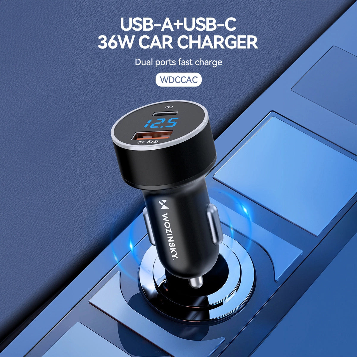 Nabíjačka do auta WZK WDCCAC, 36 W, 3A, 1 x USB-A - 1 x USB-C, čierna 