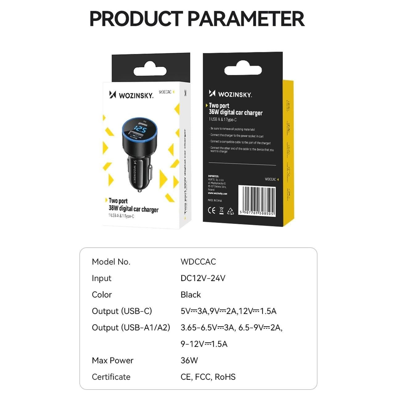 Nabíjačka do auta WZK WDCCAC, 36 W, 3A, 1 x USB-A - 1 x USB-C, čierna 
