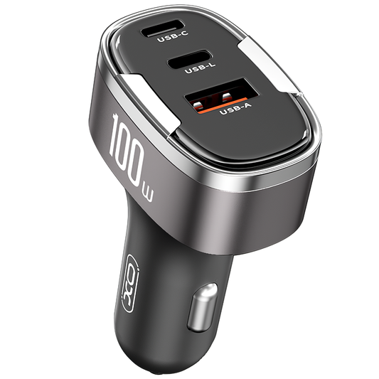 Auto nabíjačka XO Design CC61, 100W, 3A, 1 x Lightning - 1 x USB-A - 1 x USB-C, Sivá