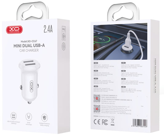 Auto nabíjačka XO Design CC67, 12W, 2.4A, 2 x USB-A, Biela