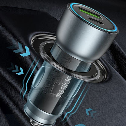 Yesido Y49 Car Charger, 30W, 3A, 1 x USB-A - 1 x USB-C, Grey