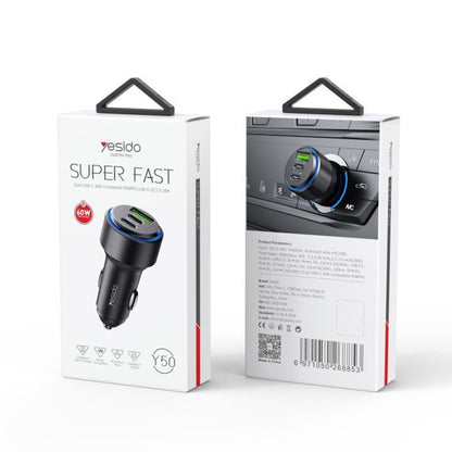 Auto nabíjačka Yesido Y50, 60W, 3A, 1 x USB-A - 2 x USB-C, Čierna