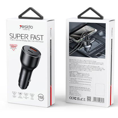 Yesido Y65 Car Charger, 100W, 5A, 1 x USB-A - 1 x USB-C, Black