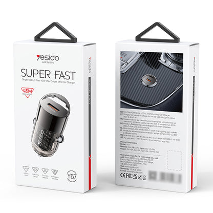 Yesido Y67 Car Charger, 45W, 3A, 1 x USB-C, Black