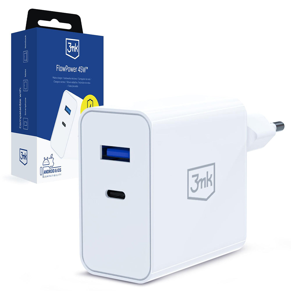 Sieťová nabíjačka 3MK FlowPower, 45W, 1 x USB-A - 1 x USB-C, biela