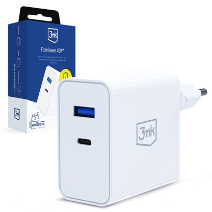 Sieťová nabíjačka 3MK FlowPower, 45W, 1 x USB-A - 1 x USB-C, biela
