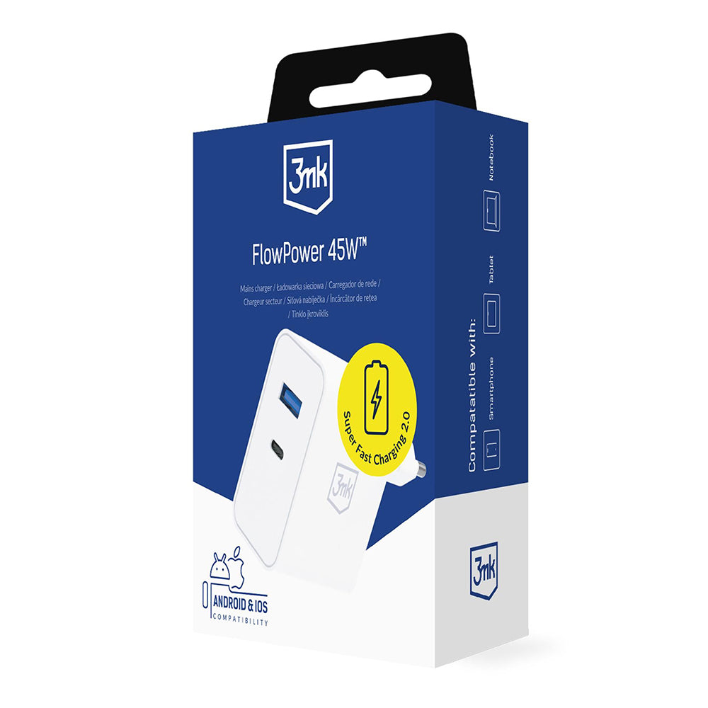 Sieťová nabíjačka 3MK FlowPower, 45W, 1 x USB-A - 1 x USB-C, biela