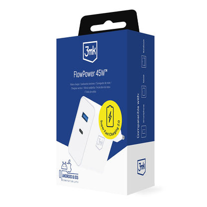 Sieťová nabíjačka 3MK FlowPower, 45W, 1 x USB-A - 1 x USB-C, biela