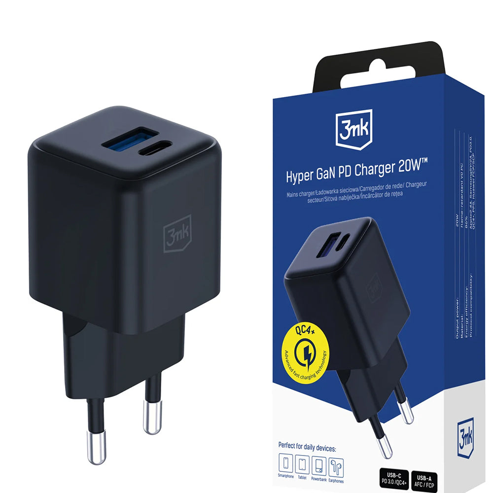 Sieťová nabíjačka 3MK Hyper, 20W, 3A, 1 x USB-A - 1 x USB-C, Čierna