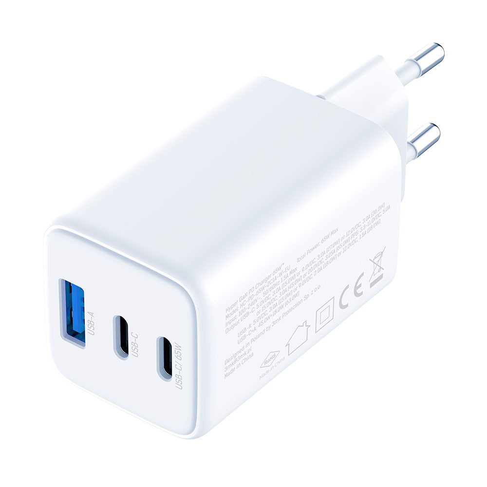 Sieťová nabíjačka 3MK Hyper, 65W, 3.25A, 1 x USB-A - 2 x USB-C, Biela