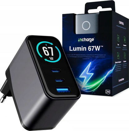 Sieťová nabíjačka 3MK InCharge Lumin Display, 67W, 5A, 1 x USB-A - 2 x USB-C, čierna