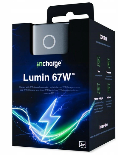 Sieťová nabíjačka 3MK InCharge Lumin Display, 67W, 5A, 1 x USB-A - 2 x USB-C, čierna