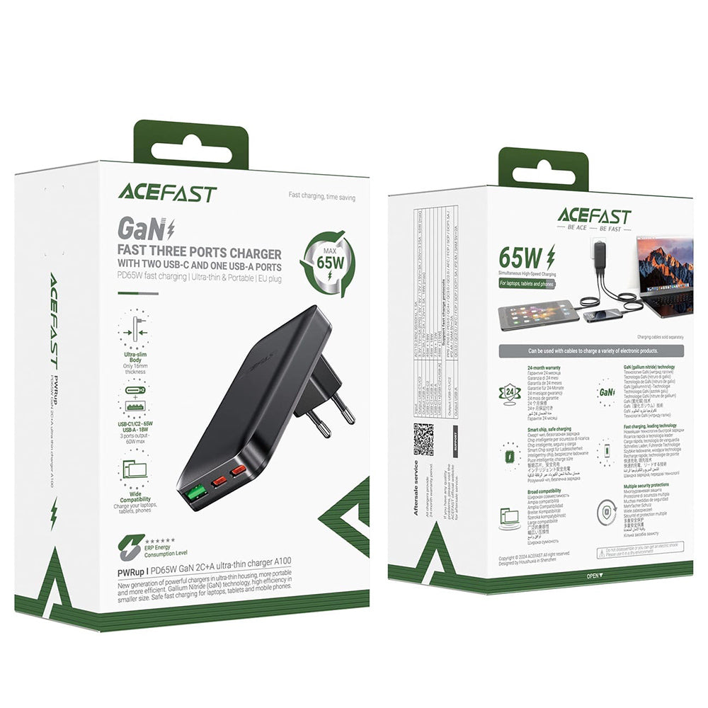 Sieťová nabíjačka Acefast A100, 65W, 3.25A, 1 x USB-A - 2 x USB-C, Čierna