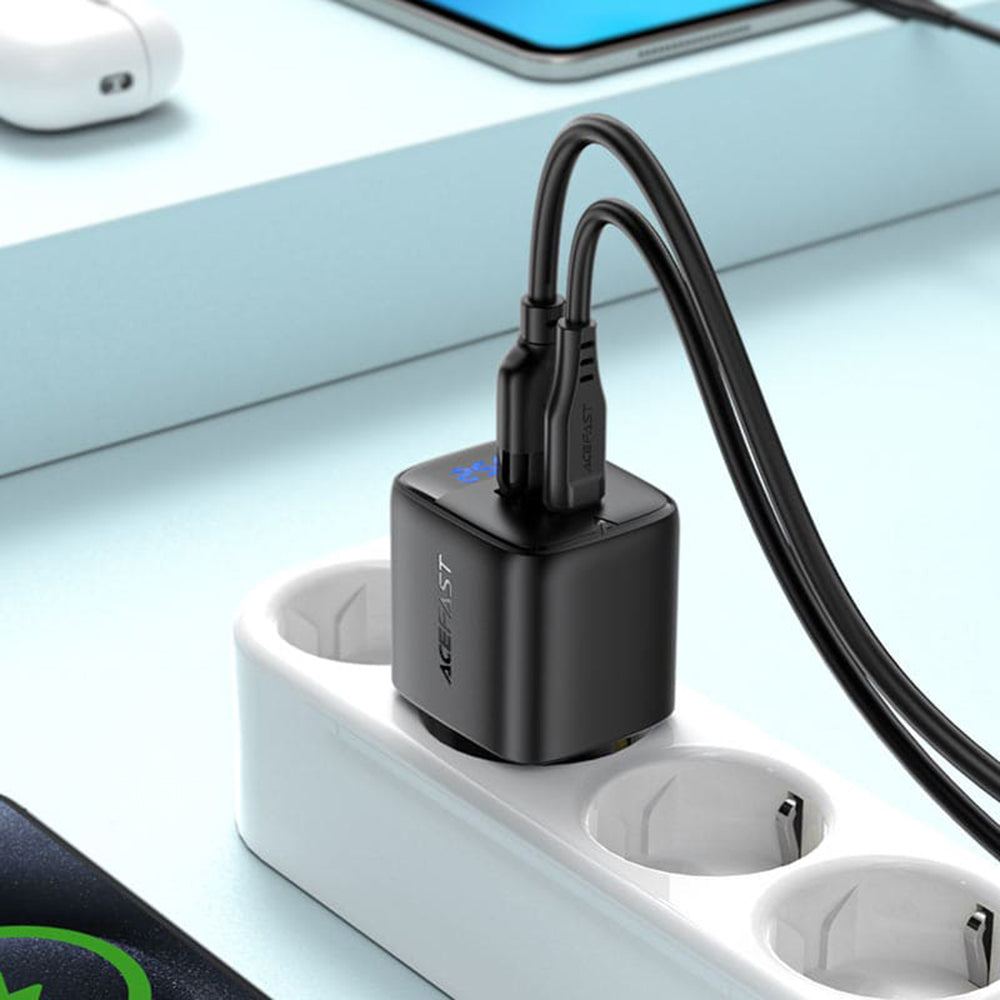 Sieťová nabíjačka Acefast A114 Display, 25W, 3A, 1 x USB-A - 1 x USB-C, čierna