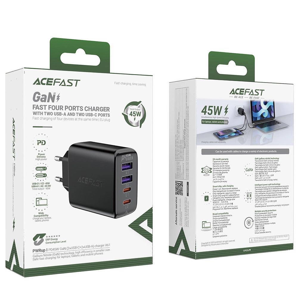Sieťová nabíjačka Acefast A61, 45W, 3A, 2 x USB-A - 2 x USB-C, čierna