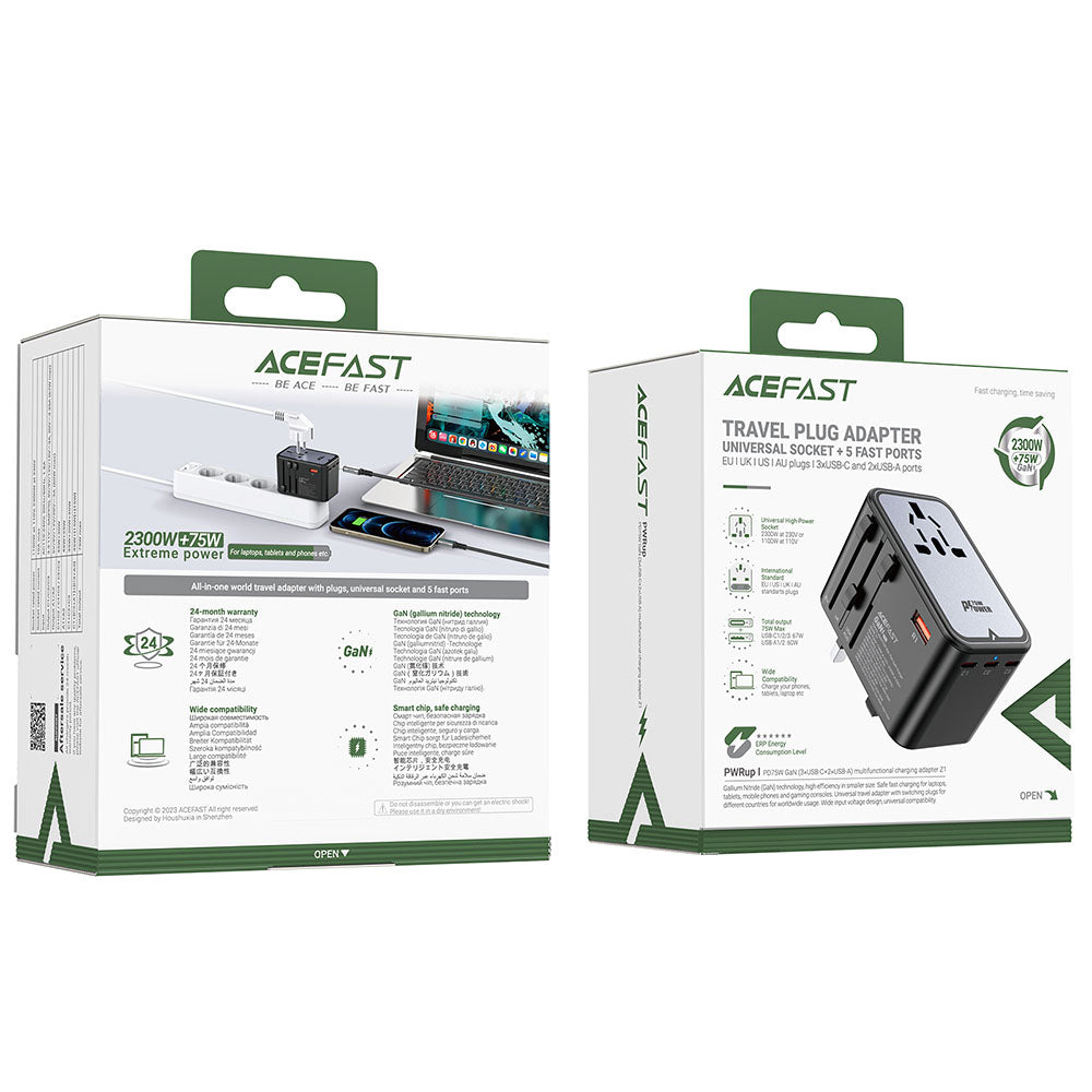 Sieťová nabíjačka Acefast Travel Z1, 75W, 3.35A, 2 x USB-A - 3 x USB-C, Čierna