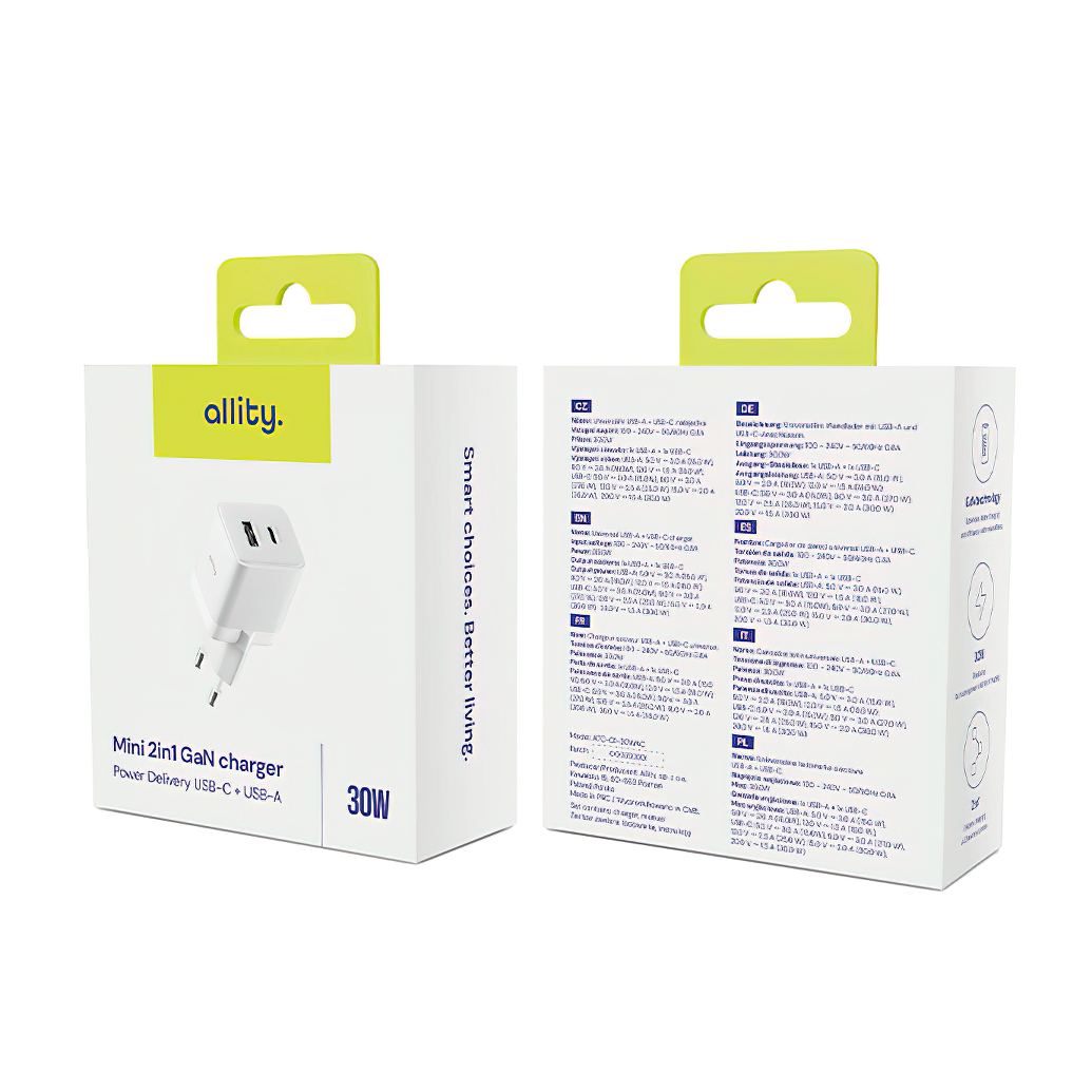 Sieťová nabíjačka Allity. ATC-01-30WAC Mini, 30W, 3A, 1 x USB-A - 1 x USB-C, Biela