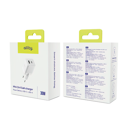 Sieťová nabíjačka Allity. ATC-01-30WAC Mini, 30W, 3A, 1 x USB-A - 1 x USB-C, Biela