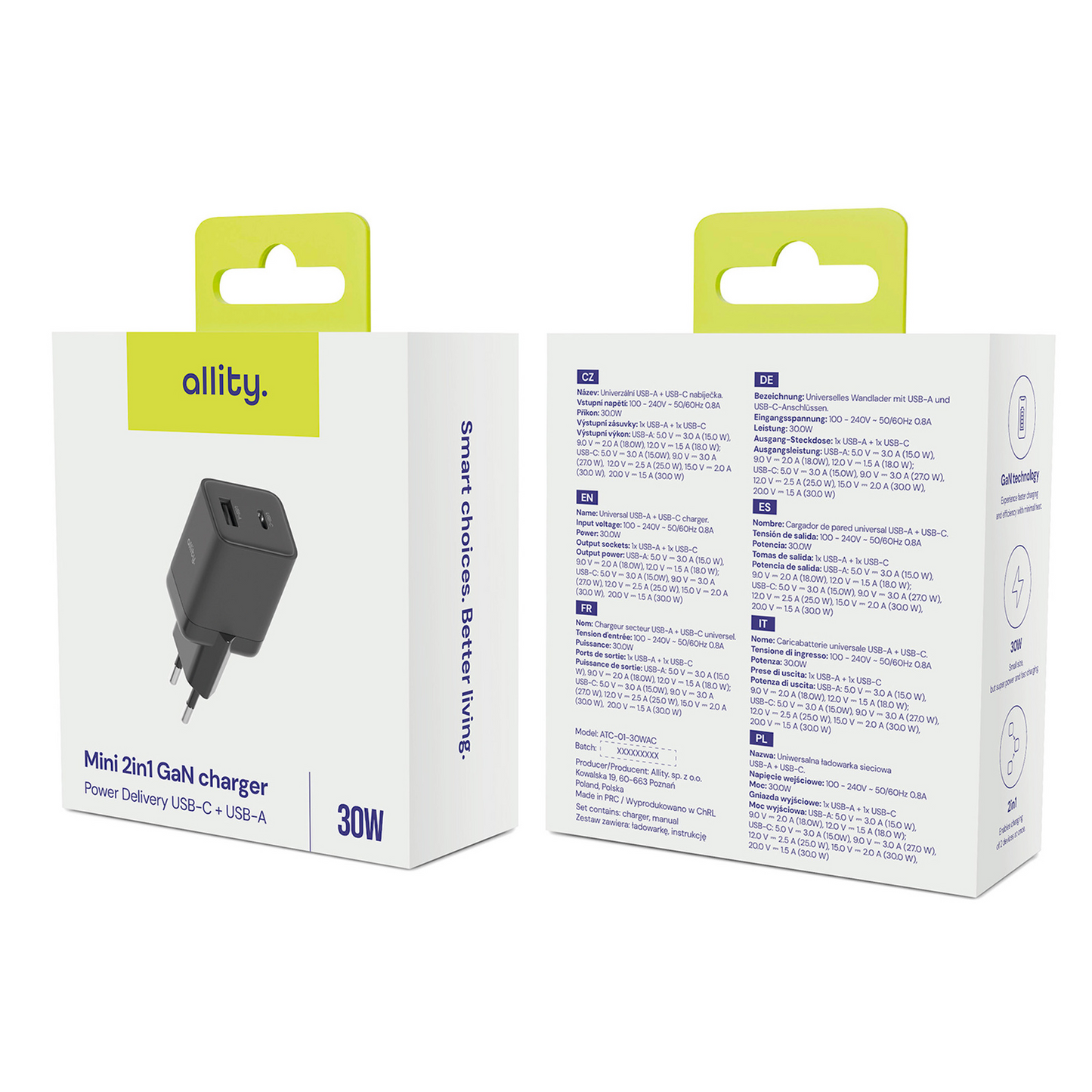 Sieťová nabíjačka Allity. ATC-01-30WAC Mini, 30W, 3A, 1 x USB-A - 1 x USB-C, Čierna