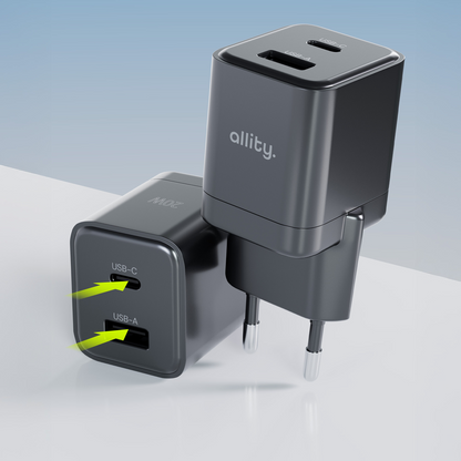 Sieťová nabíjačka Allity. ATC-01-30WAC Mini, 30W, 3A, 1 x USB-A - 1 x USB-C, Čierna