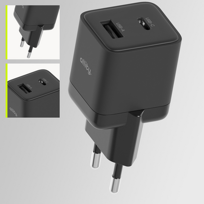 Sieťová nabíjačka Allity. ATC-01-30WAC Mini, 30W, 3A, 1 x USB-A - 1 x USB-C, Čierna