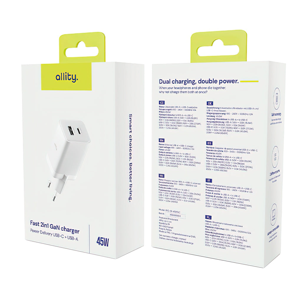 Sieťová nabíjačka Allity. ATC-01-45WCC Fast, 45W, 3A, 1 x USB-A - 1 x USB-C, Biela