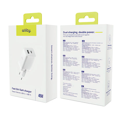 Sieťová nabíjačka Allity. ATC-01-45WCC Fast, 45W, 3A, 1 x USB-A - 1 x USB-C, Biela