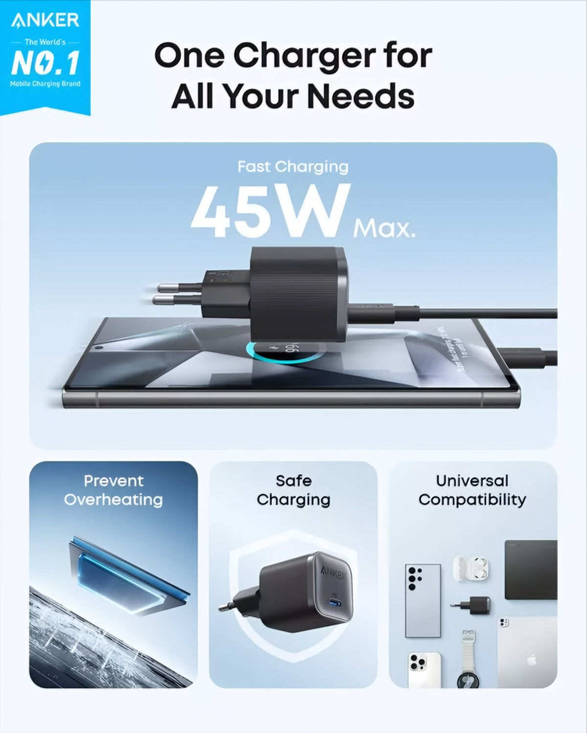 Sieťová nabíjačka Anker Nano, 45W, 3A, 1 x USB-C, čierna A2692L11