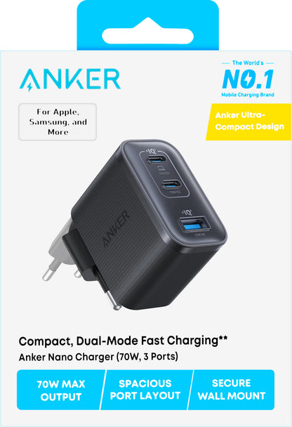 Sieťová nabíjačka Anker Nano, 70W, 3.5A, 1 x USB-A - 2 x USB-C, Čierna A121AL11