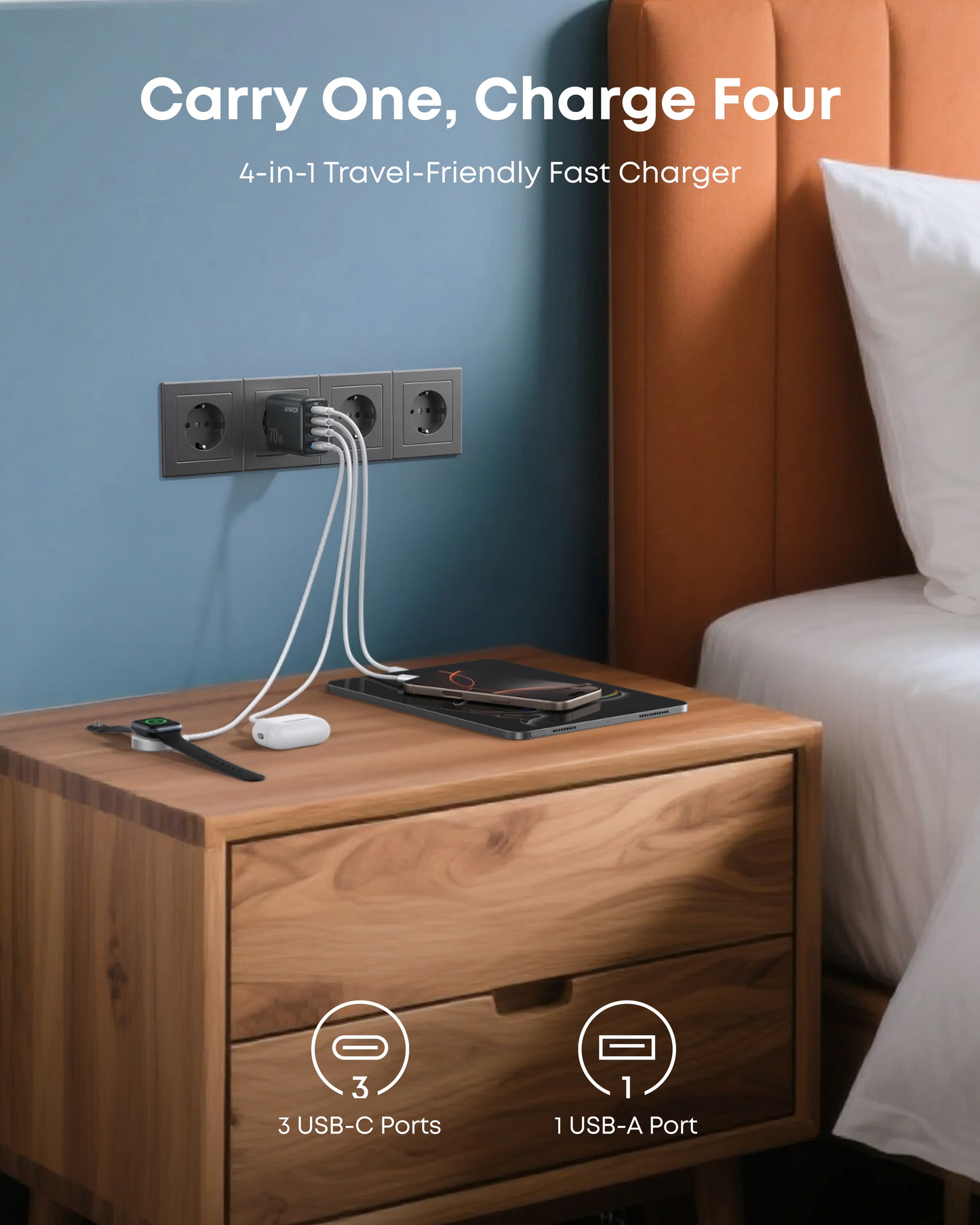 Sieťová nabíjačka Anker Zolo, 70W, 3.5A, 1 x USB-A - 3 x USB-C, Čierna A121CG11