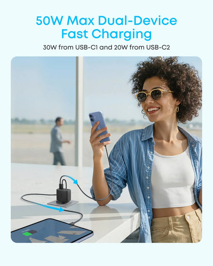 Sieťová nabíjačka Anker Zolo, 50W, 3A, 2 x USB-A - 2 x USB-C, biela