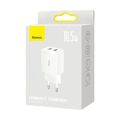 Sieťová nabíjačka Baseus Compact, 10.5W, 2.1A, 2 x USB-A, Biela CCXJ010202
