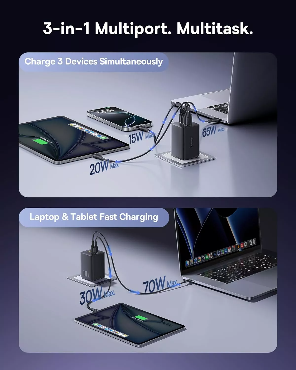 Sieťová nabíjačka Baseus EnerFill FE11, 100W, 5A, 1 x USB-A - 2 x USB-C, Sivá P10182102123