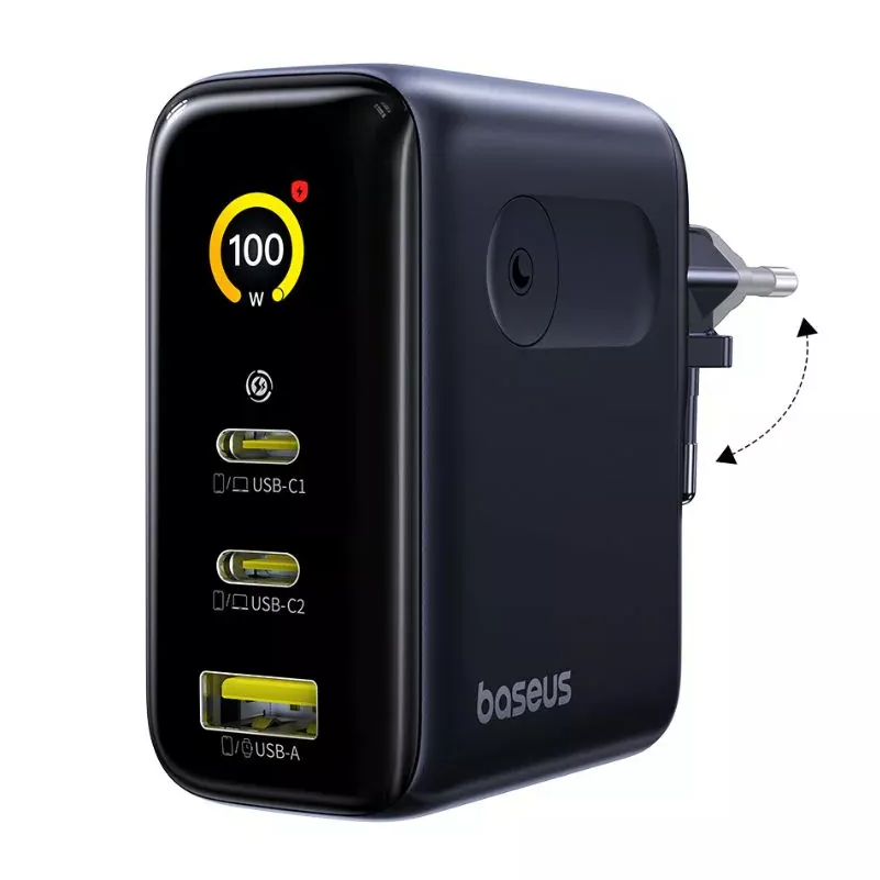 Sieťová nabíjačka Baseus PicoGo AE21 Display, 100W, 5A, 1 x USB-A - 2 x USB-C, čierna E0121B00