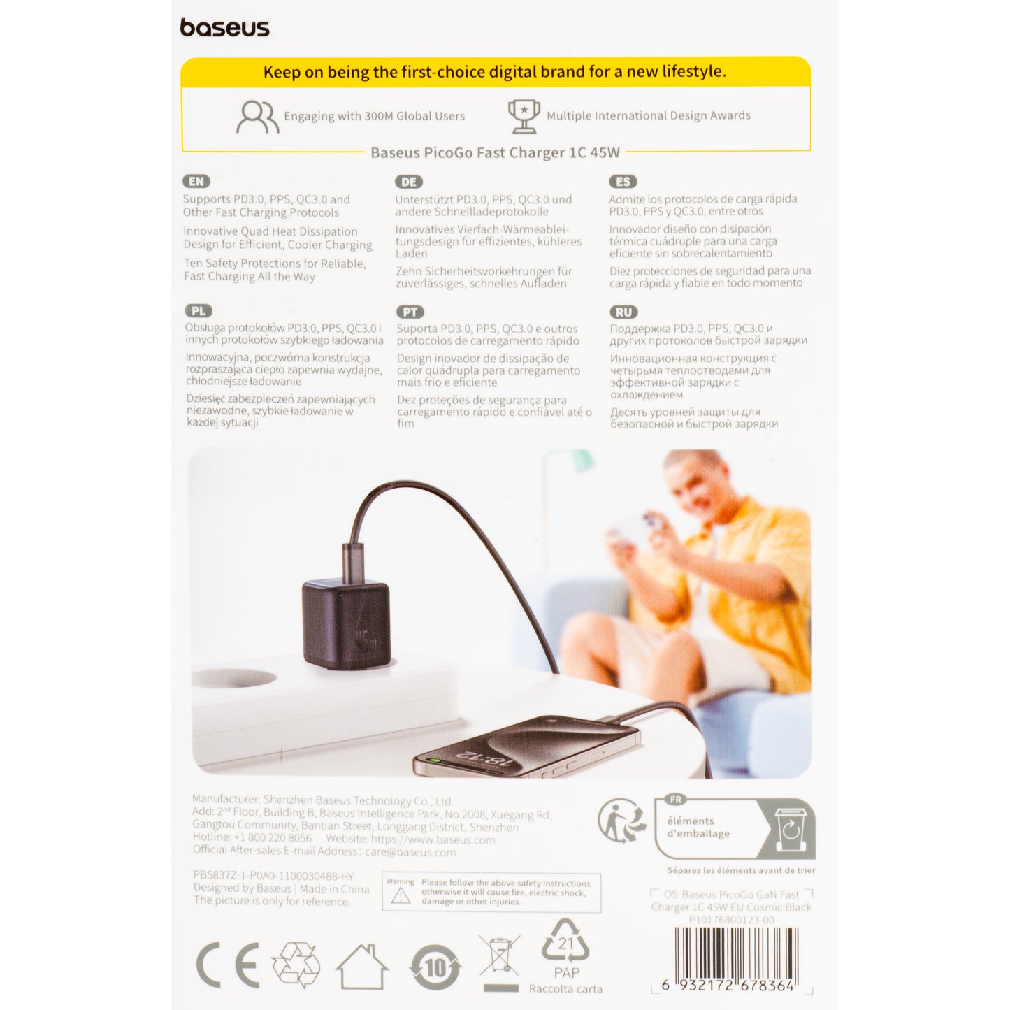 Sieťová nabíjačka Baseus PicoGo, 45W, 3A, 1 x USB-C, čierna P10176800123-00