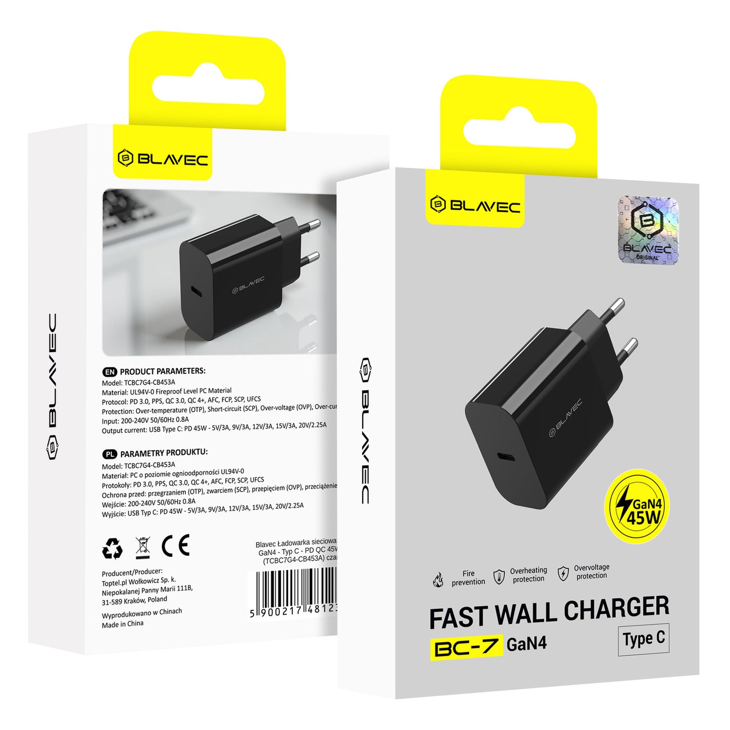 Sieťová nabíjačka Blavec BC-7, 45W, 3A, 1 x USB-C, Čierna