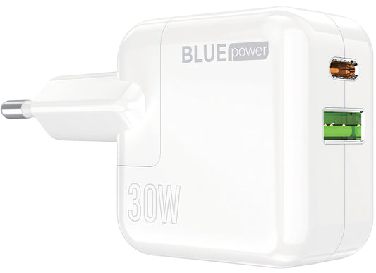 Sieťová nabíjačka BLUE Power BC111A, 30 W, 3A, 1 x USB-A - 1 x USB-C, biela 