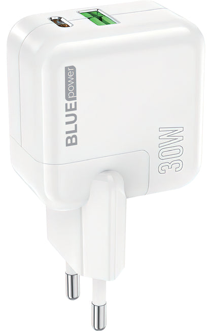 Sieťová nabíjačka BLUE Power BC111A, 30 W, 3A, 1 x USB-A - 1 x USB-C, biela 