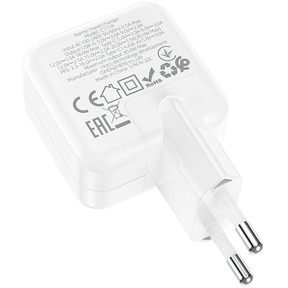 Sieťová nabíjačka BLUE Power BC111A, 30 W, 3A, 1 x USB-A - 1 x USB-C, biela 