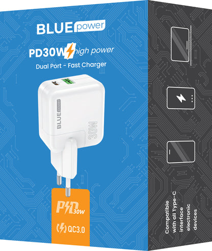 Sieťová nabíjačka BLUE Power BC111A, 30 W, 3A, 1 x USB-A - 1 x USB-C, biela 