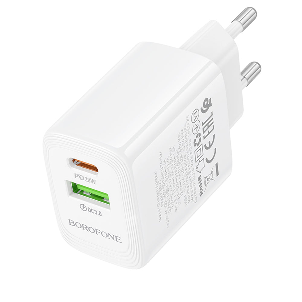 Sieťová nabíjačka Borofone BN27 Fuente, 20W, 3A, 1 x USB-A - 1 x USB-C, Biela