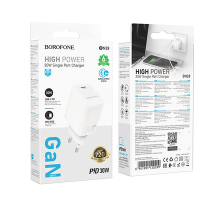 Sieťová nabíjačka Borofone BN28 Fuente, 30W, 3A, 1 x USB-C, Biela