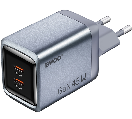 Sieťová nabíjačka BWOO BO-CDA239, 45W, 3A, 2 x USB-C, sivá
