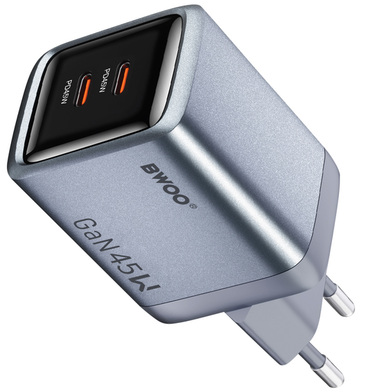 Sieťová nabíjačka BWOO BO-CDA239, 45W, 3A, 2 x USB-C, sivá