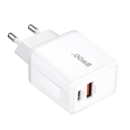 Sieťová nabíjačka BWOO CDA182, 38W, 3A, 1 x USB-A - 1 x USB-C, Biela