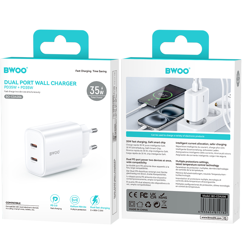 Sieťová nabíjačka BWOO CDA206, 35W, 3A, 2 x USB-C, biela