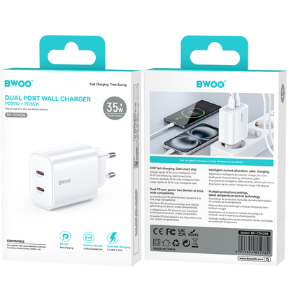 Sieťová nabíjačka BWOO CDA206, 35W, 3A, 2 x USB-C, biela