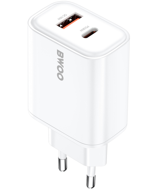 Sieťová nabíjačka BWOO CDA207, 36W, 3A, 1 x USB-A - 1 x USB-C, Biela