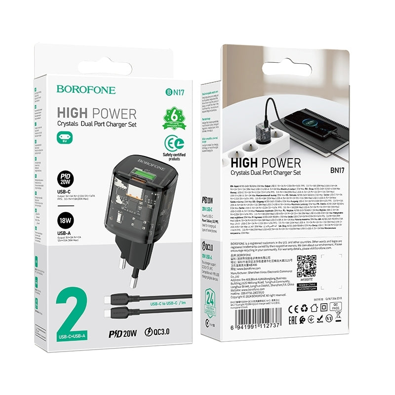 Sieťová nabíjačka s káblom USB-C Borofone BN17 Sunlight, 20W, 3A, 1 x USB-A - 1 x USB-C, čierna